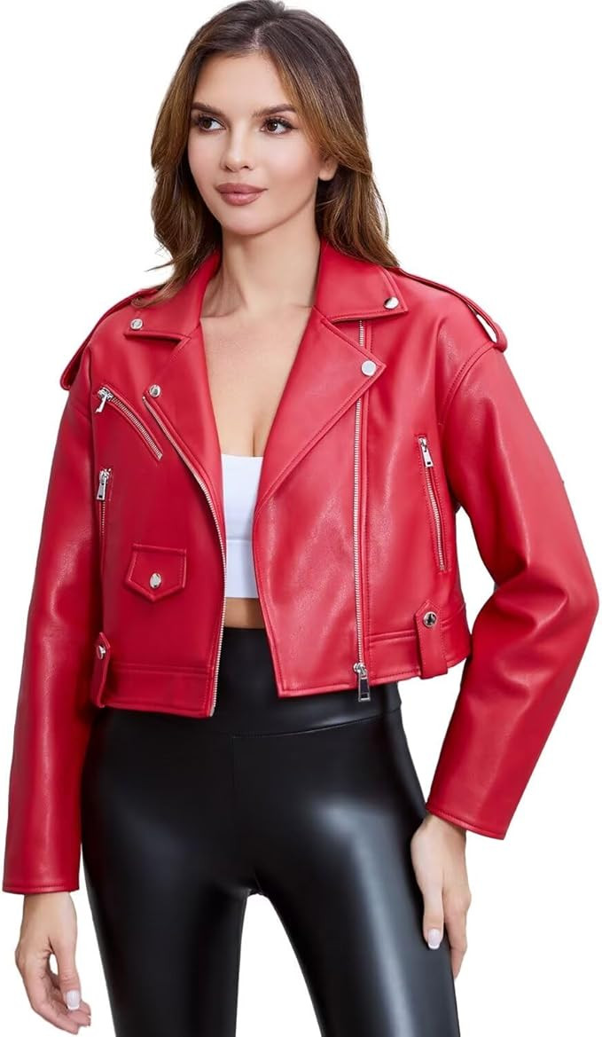 DIASHINY Faux Leather Jacket For Women Crop Short Cropped PU Slim Zip Up Moto Biker Coat Motorcyc... | Amazon (US)