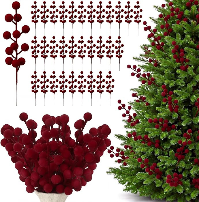 60 Pcs Burgundy 8 Inch Christmas Holly Berry Stems | Amazon (US)