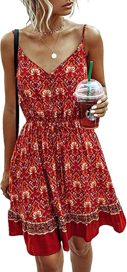 PRETTYGARDEN Women’s Floral V Neck Spaghetti Strap Button Down Sundress Swing Ruffle Summer Min... | Amazon (US)