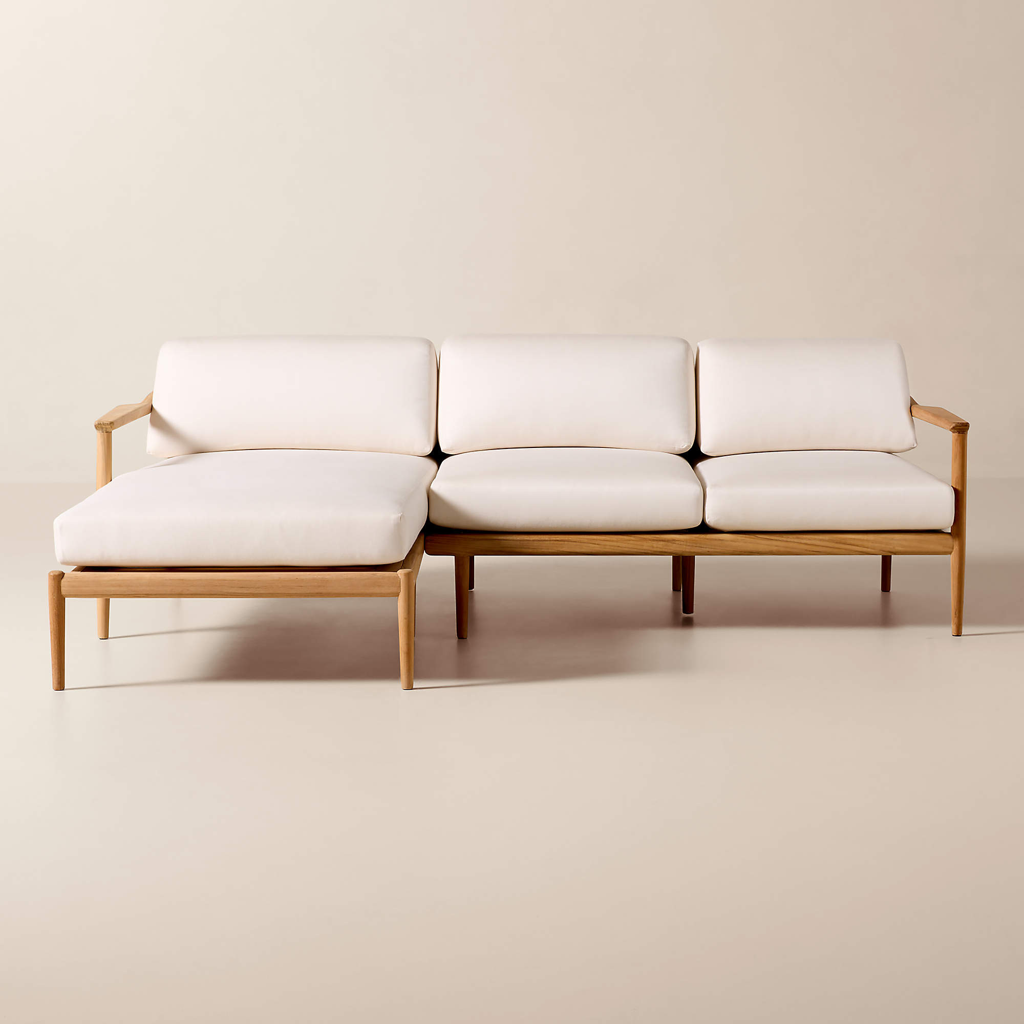 Tide 2-Piece Teak Left-Arm Chaise Outdoor Sectional Sofa with Ivory Sunbrella Cushions | CB2 | CB2