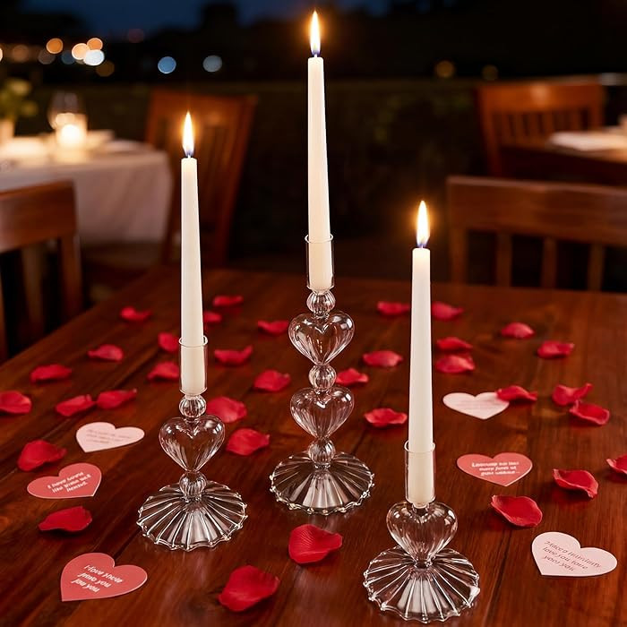 Mumufy 3 Pcs Valentine's Day Glass Candlestick Holders Heart Glass Taper Candle Holder Valentines... | Amazon (US)