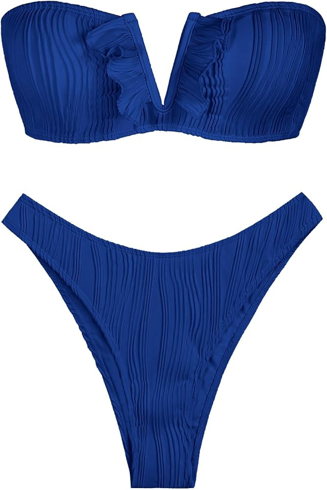 ZAFUL Women V-Wired Ruffle Ribbed Bandeau Bikini, Lace Up Bikinis Strapless Two Pieces Swimsuit | Amazon (US)