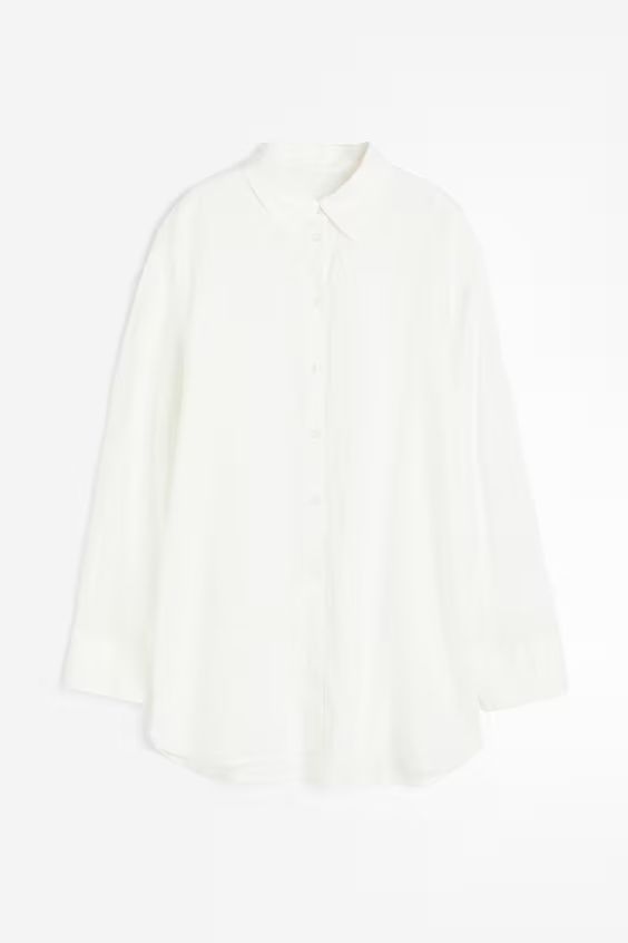 Linen shirt - Long sleeve - Regular length - White - Ladies | H&M GB | H&M (UK, MY, IN, SG, PH, TW, HK)