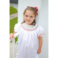 Christmas Smocked Dress in White With Red & Green Smocking Ribbon On Sleeves - Heirloom Dress, Baby Girl Santa, Vintage 187 G | Etsy (US)