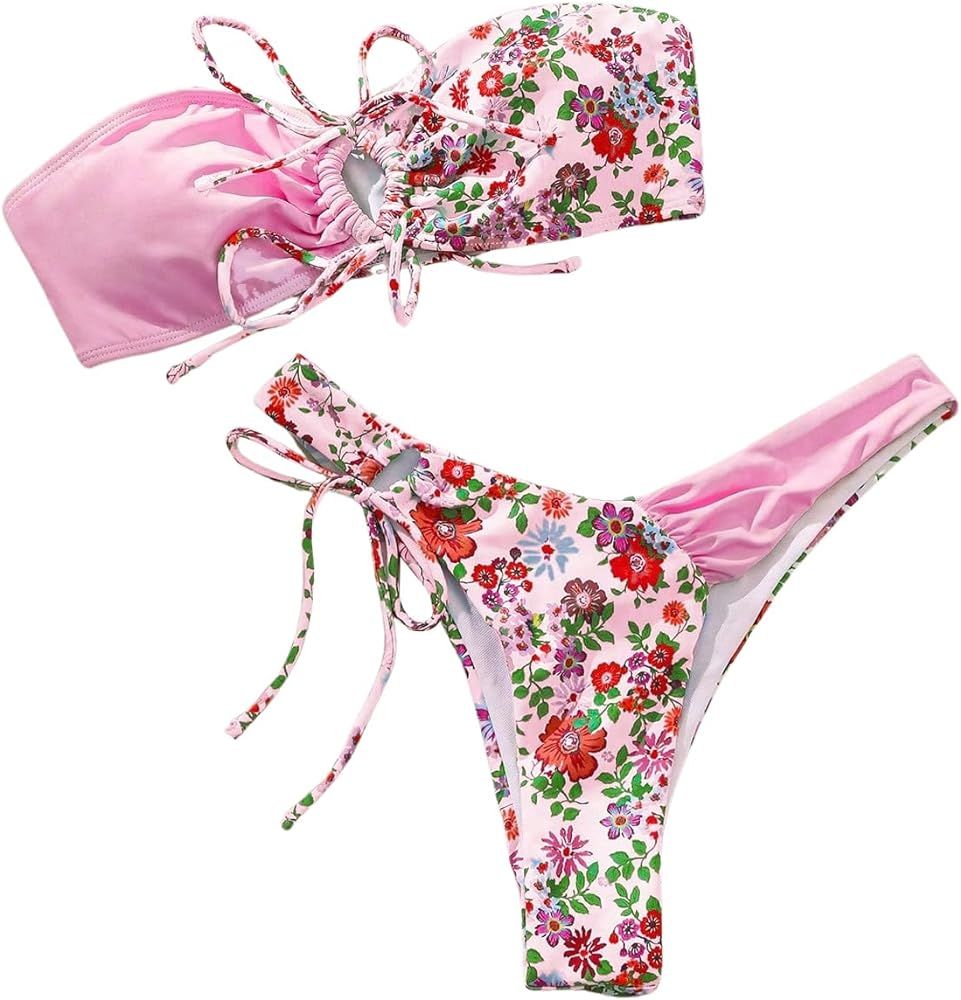 SHENHE Women's Floral Print O Ring Bandeau Bikini Bathing Suit 2 Piece Swimsuits | Amazon (US)