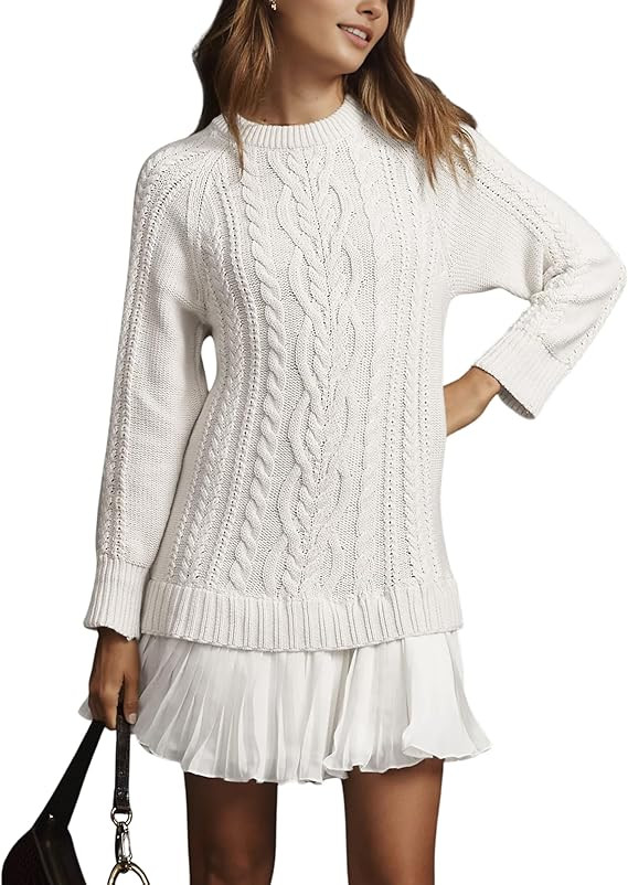 Women Cable Knit Sweater Dress Crewneck Long Sleeve Pleated Mini Dress Twofer Style Patchwork Dre... | Amazon (US)