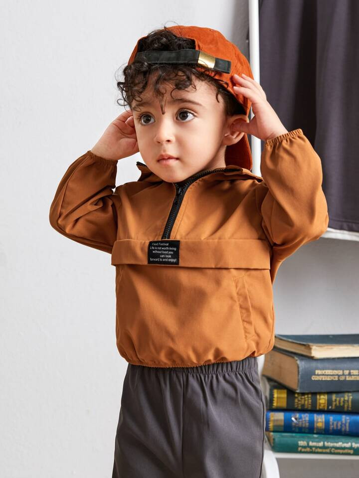 SHEIN Baby Boy Patch Detail Half Zip Hooded Jacket | SHEIN