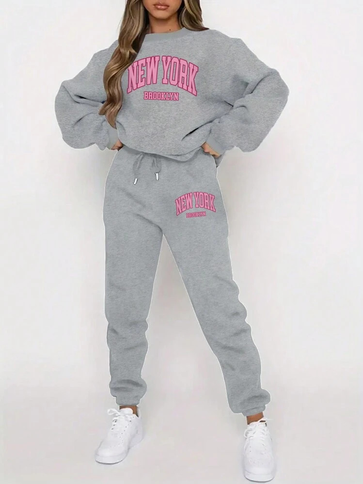 INAWLY Women's Letter Printed Fleece Sweatshirt And Sweatpants Set | SHEIN
