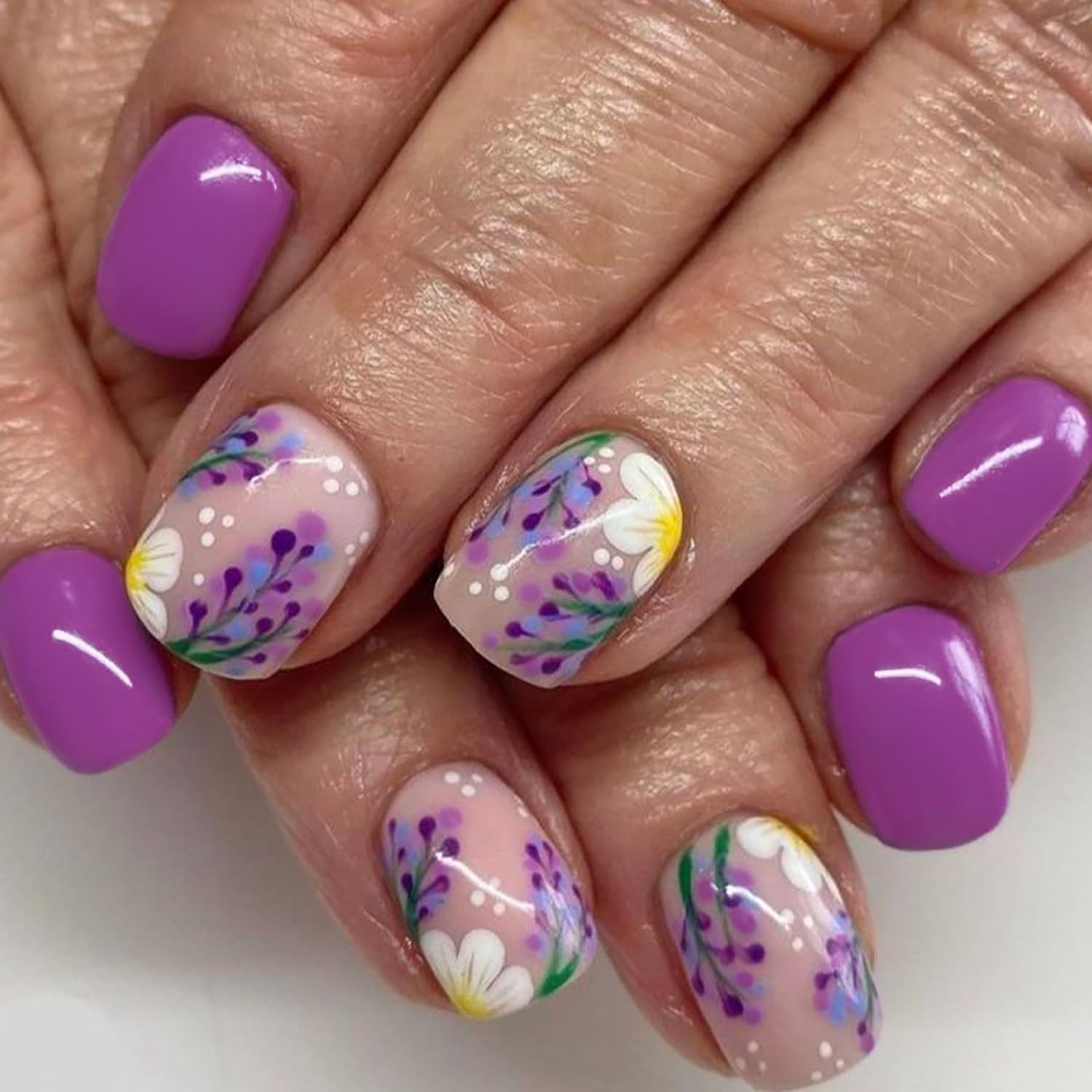 Purple Flower Press On Nails Short Square Fake Nails With Flower Leaf Designs Spring Nails Press ... | Amazon (US)