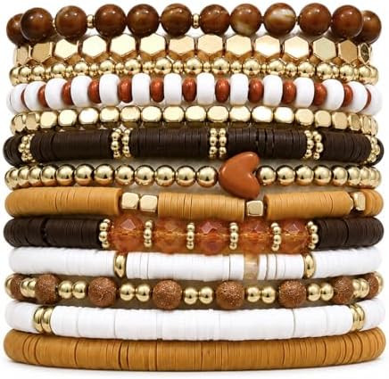 iF YOU 13pcs Heishi Clay Beaded Stretch Bracelets for Women, Boho Gold Surfer Stackable Bracelet ... | Amazon (US)