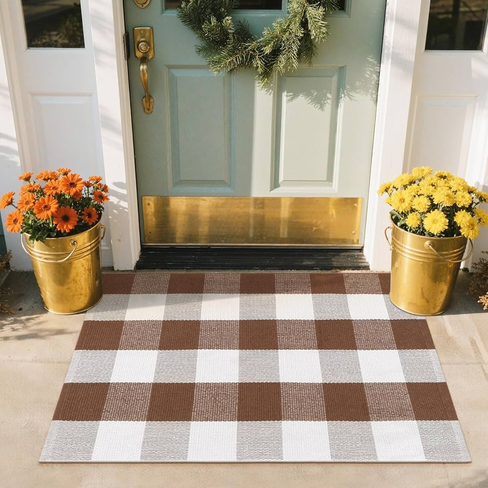 LEEVAN Fall Buffalo Plaid Front Porch Rugs 2x3, Tan and White Checkered Outdoor Rugs, Small Washa... | Amazon (US)