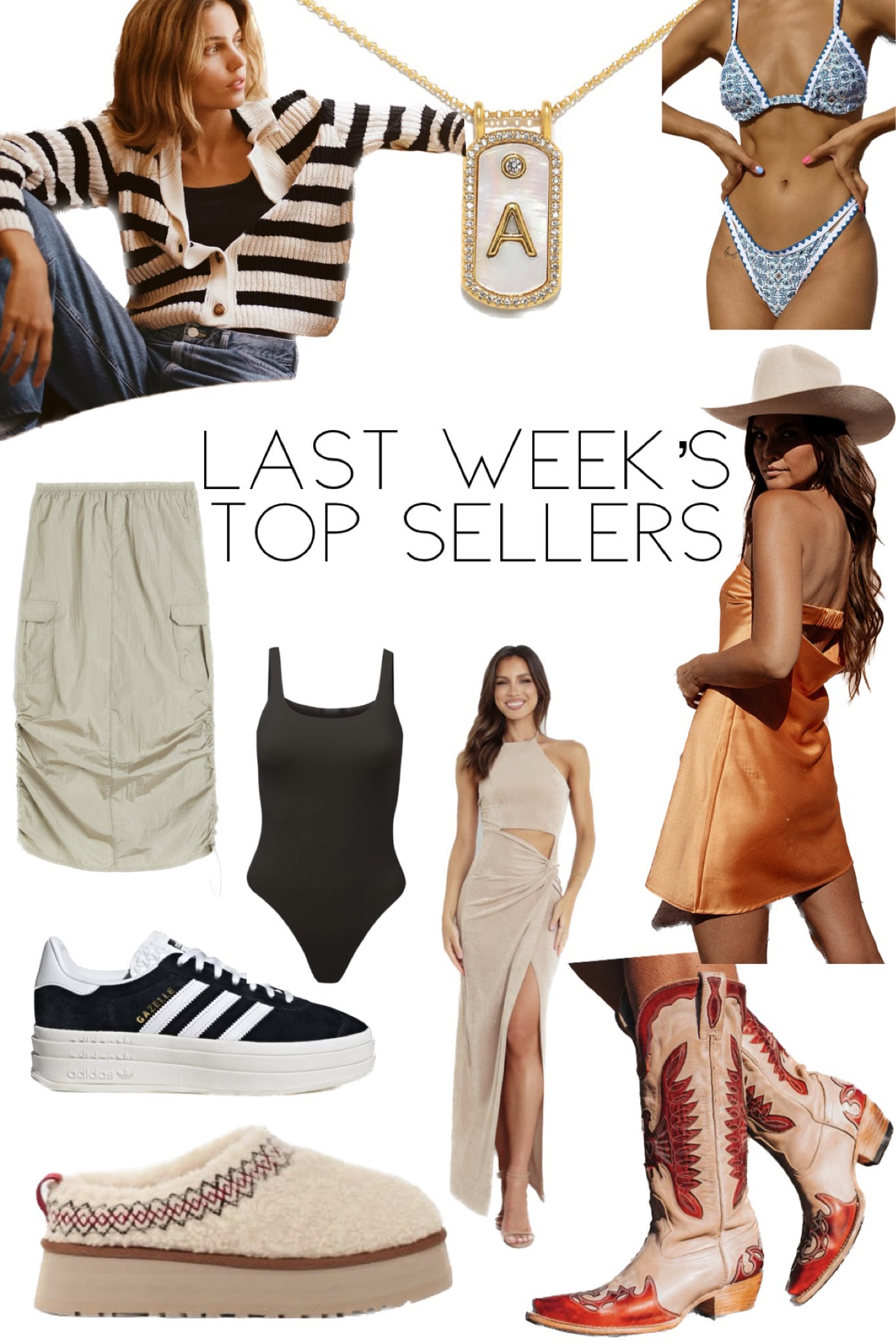 Last Week’s Top Sellers - September 2023 
1. Anthropologie Striped Cardigan 
2. Sequin Jewelry Skye Initial Necklace - Code: KristinRose20 
3. Amazon Printed Bikini 
4. Target Satin Mini Dress 
5. Freebird Willie Boot 
6. Petal and Pup Scarlette Dress 
7. Adidas Gazelle Bold Sneakers 
8. Amazon Contour Bodysuit 
9. Ugg Tazz Slippers 
10. Parachute Skirt 



#LTKswim #LTKstyletip #LTKshoecrush