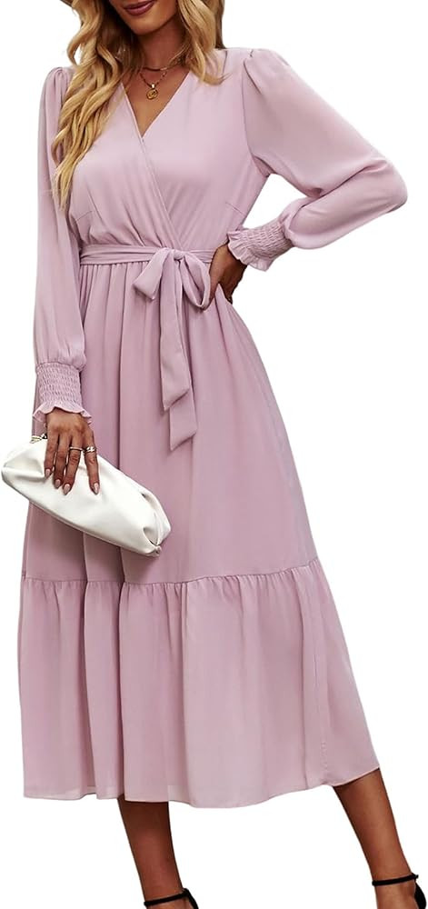 PRETTYGARDEN Women's Floral Boho Dress Fall Long Sleeve Wrap V Neck Ruffle Flowy Maxi Spring Wedd... | Amazon (US)