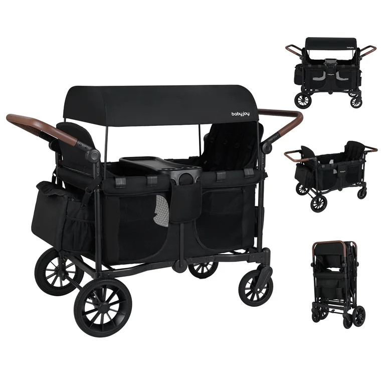 Costway Wagon Stroller, Foldable 4-Seater Push-Pull Toddler Stroller with Removable Canopy Black | Walmart (US)