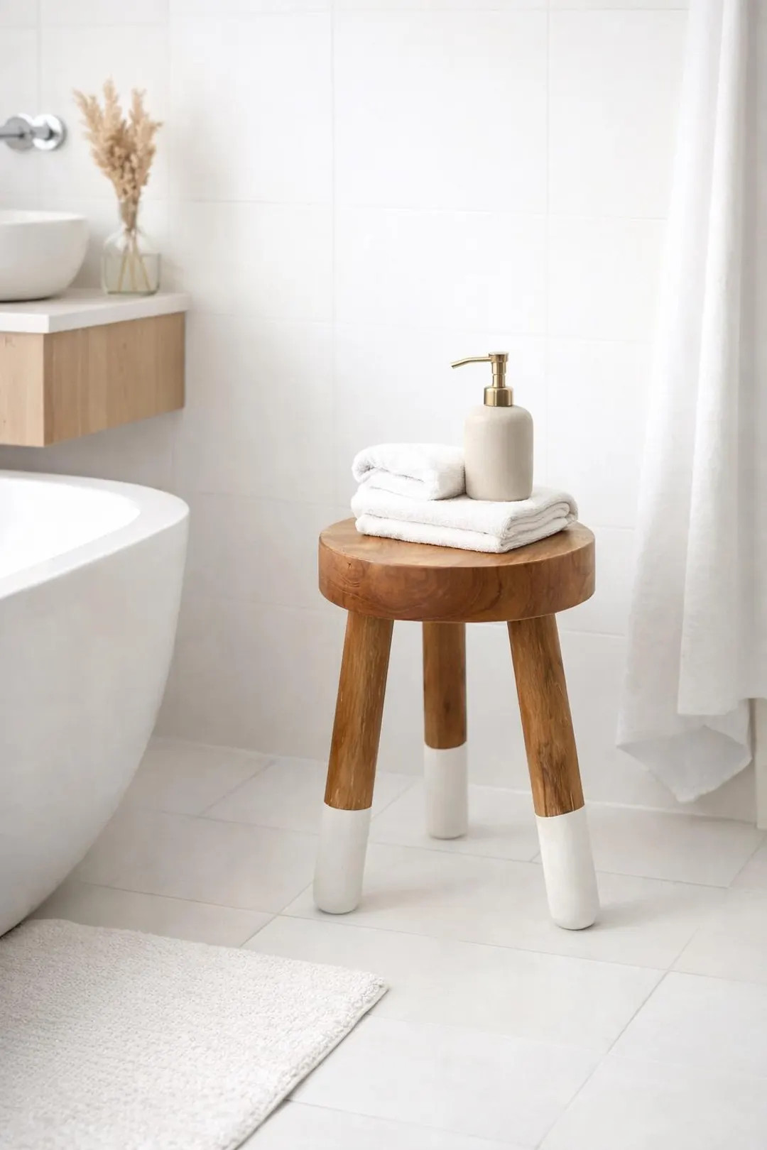 Handmade Teak Wood Stool, Modern Plant Stand, White Dipped Legs, Natural Wood Shower Stand - Etsy | Etsy (US)