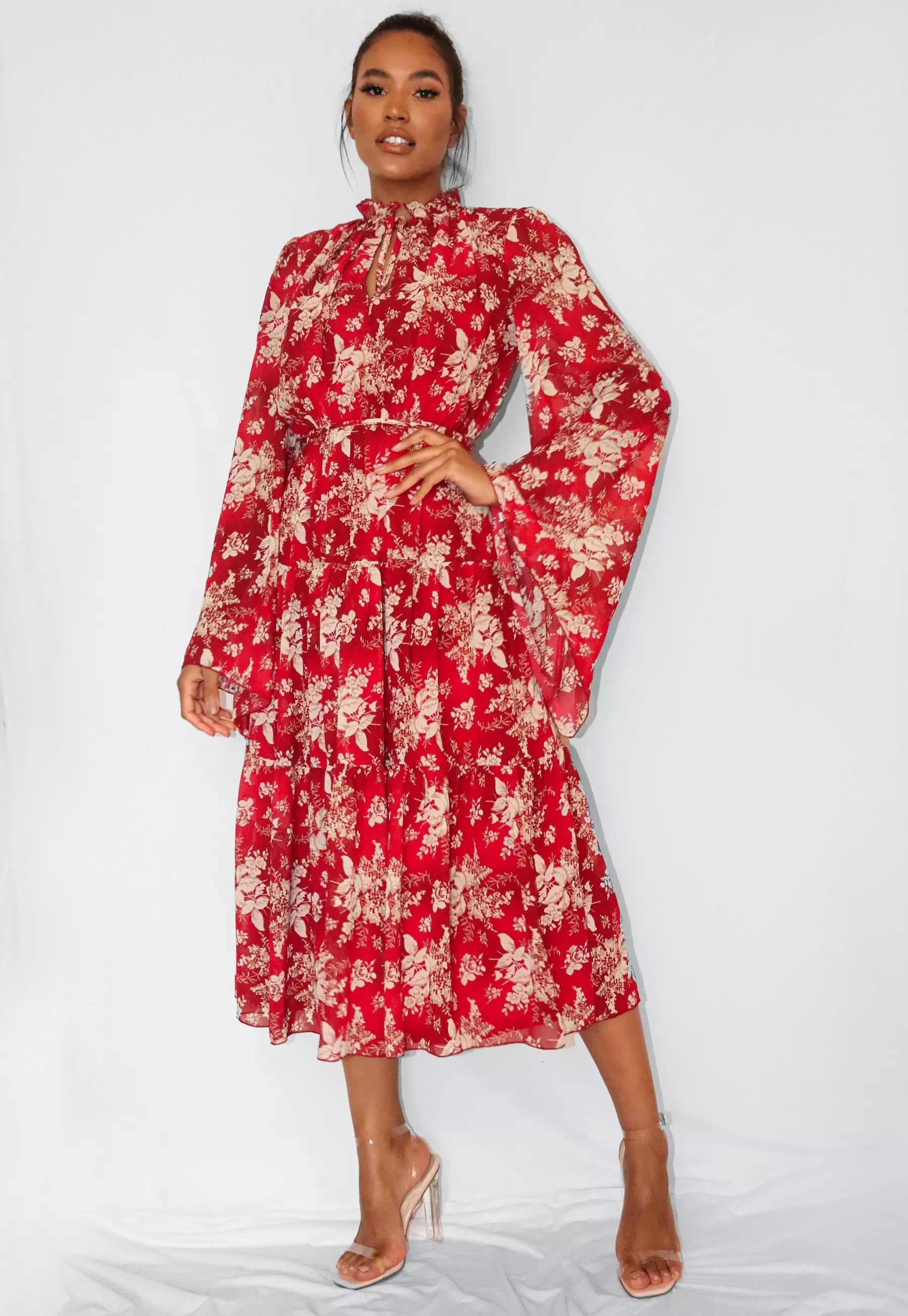 Red Floral Print Keyhole Flutter Sleeve Smock Midaxi Dress | Missguided (US & CA)