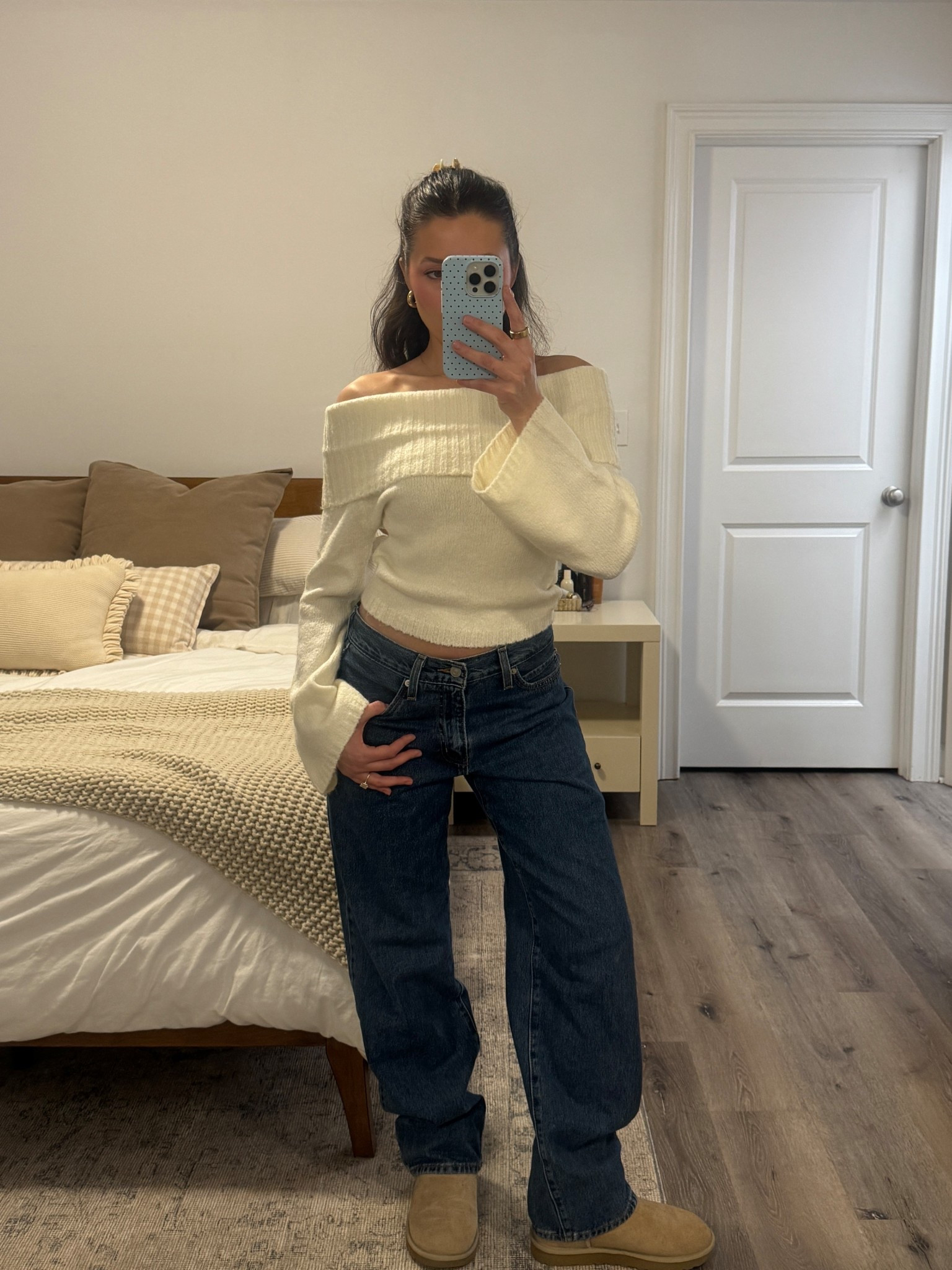 Winter uniform!! Sized up in the jeans for a baggier fit, top is a US 2! So cute and comfy! 

Winter outfit, winter fashion, uggs, baggy denim, off the shoulder, sweater 

#LTKootd #LTKdayinmylife #LTKSeasonal