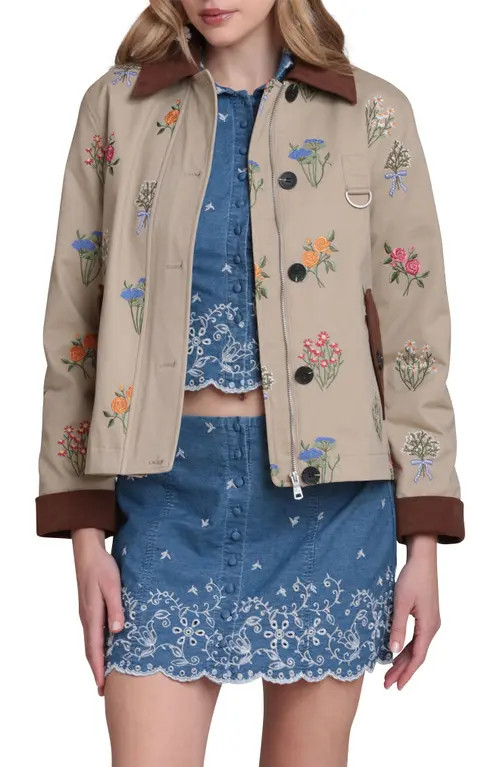 Avec Les Filles Embroidered Floral Cotton Chore Jacket in Khaki at Nordstrom, Size Large | Nordstrom