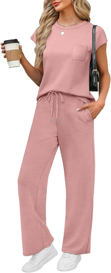 WIHOLL 2 Piece Sets for Women Casual Summer Travel Vacation Outfits Cap Sleeve Lounge Set | Amazon (US)
