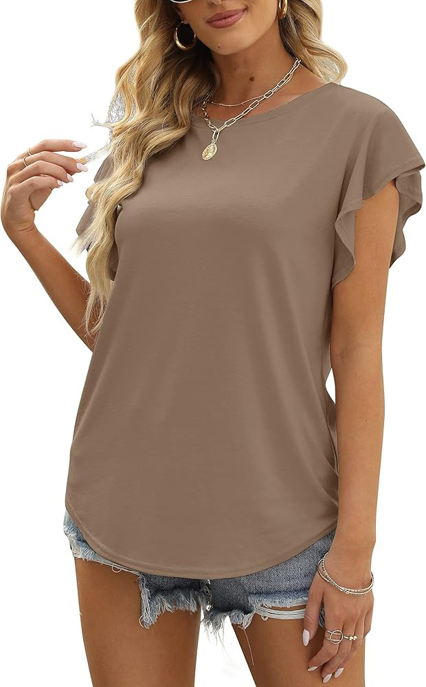 MIROL Women's Ruffle Sleeve Tops Summer Casual Blouse Crew Neck Solid Cute Tunic Shirt | Amazon (US)