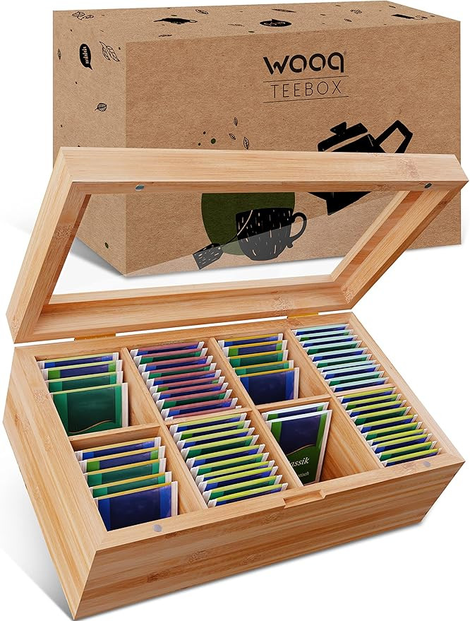 wooq Premium Teebox aus FSC-zertifiziertem Bambusholz – mit 8 Fächern 30 x 19 x 9cm – Teekis... | Amazon (DE)