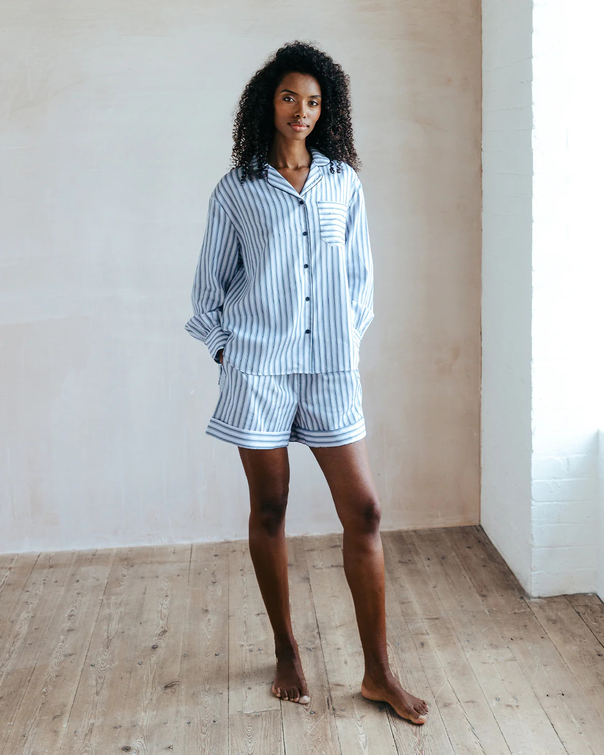Organic Cotton Sateen Stripe Short Pyjama Set - Blue | Chelsea Peers NYC