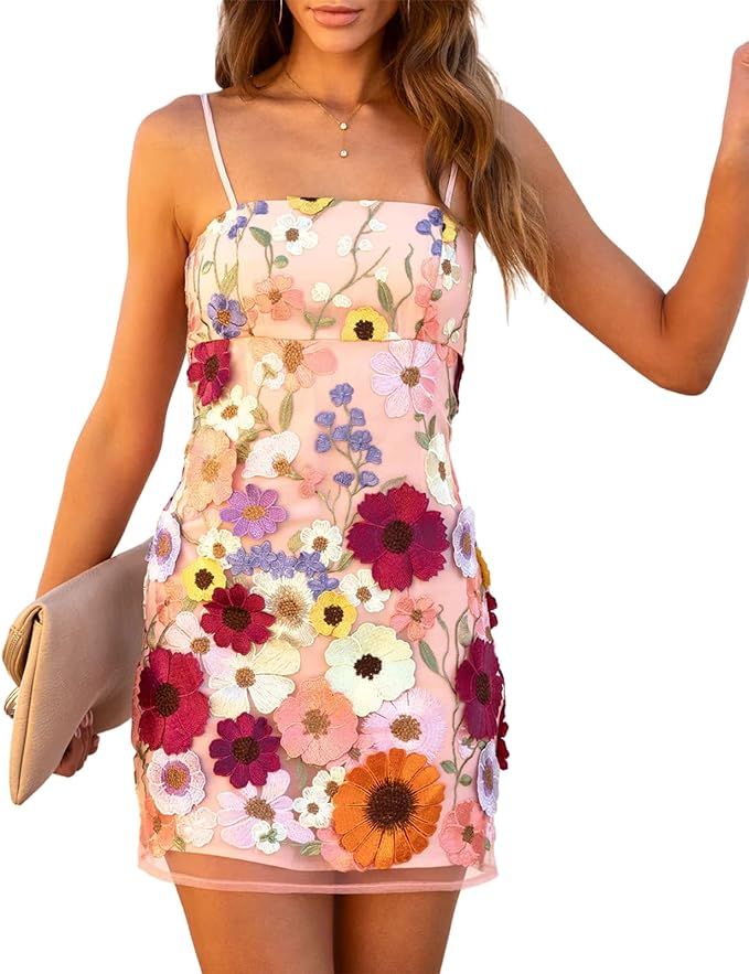 Bowanadacles Women 3D Flower Embroidery Mini Dress Spaghetti Strap Sleeveless Summer Dress Y2k Ba... | Amazon (US)