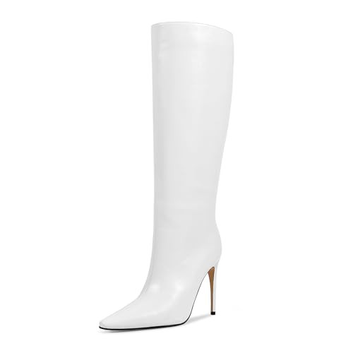 wetkiss White Knee High Boots for Women White Boots for Women High Heel Boots Leather Boots for Women Long Boots Pointed Toe Tall White Boots White Knee High Stiletto Boots Wide Calf Boots | Amazon (US)