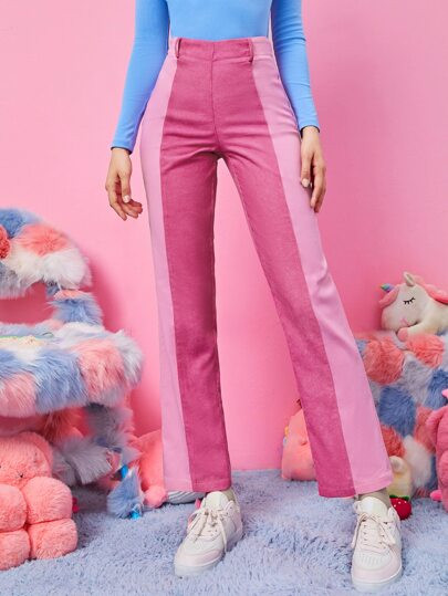 SHEIN Zipper Side Two Tone Cord Pants | SHEIN