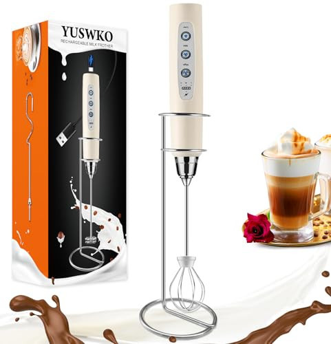 YUSWKO Beige Handheld Milk Frother Wand with Stand for Coffee, Rechargeable Electric Whisk with 3 Heads 3 Speeds Drink Mixer Coffee Frother For Latte, Cappuccino, Hot Chocolate, Egg | Amazon (US)