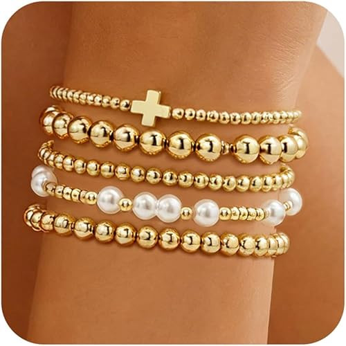 Easter Gifts for Women - 14K Gold Plated Bracelets Sets for Women, Cross/Pearl Beaded Bracelets J... | Amazon (US)