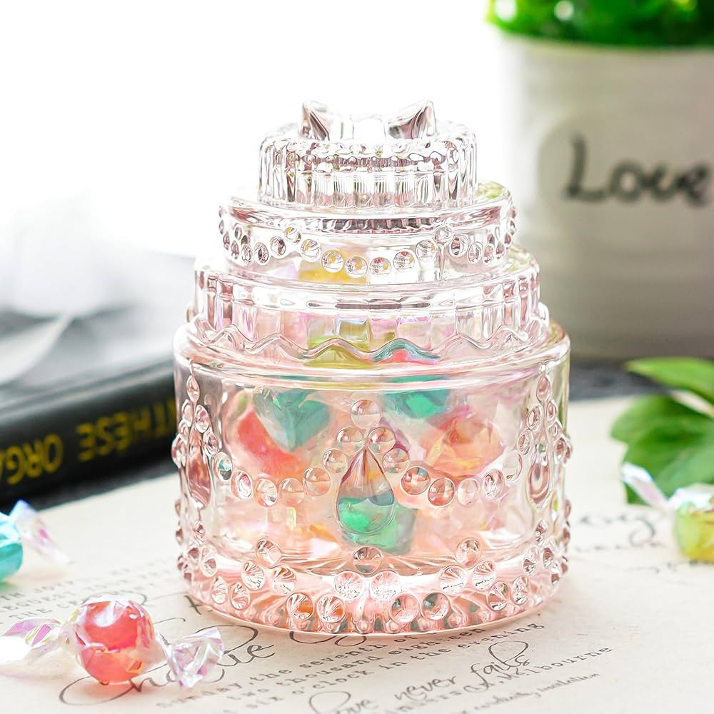 Amazon.com | Glass Candy Dishes Decorative,Pink Cake Shaped Crystal Candy Jar with Lids,Candy Bow... | Amazon (US)