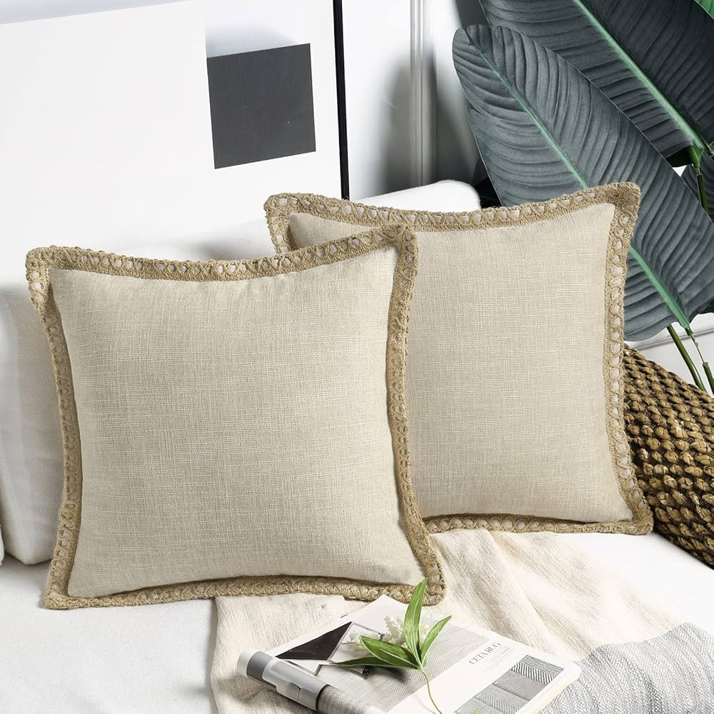 Phantoscope Pack of 2 Farmhouse Decorative Throw Pillow Covers Burlap Linen Trimmed Tailored Edge... | Amazon (US)