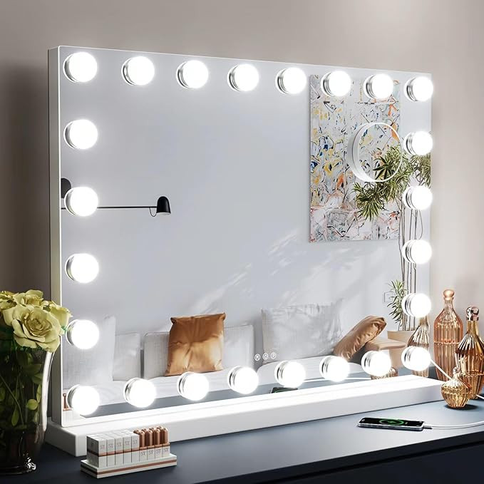 32"x24.5" Vanity Mirror with Makeup Lights,Tabletop Mirror with USB & Type-C Charing, Large Holly... | Amazon (US)