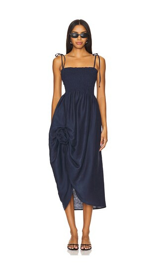 Atlanta Linen Strap Dress With Rose Detail in Navy | Revolve Clothing (Global)