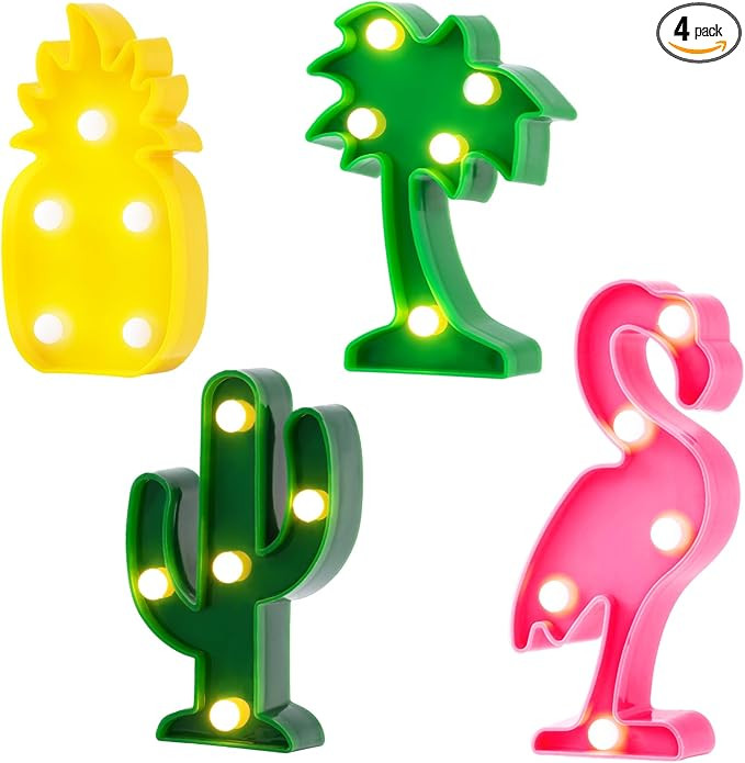 Hawaiian Party Decorations Lights - 4 Shapes Flamingo Cacti Pineapple Palm Tree Mini LED Sign Lam... | Amazon (US)