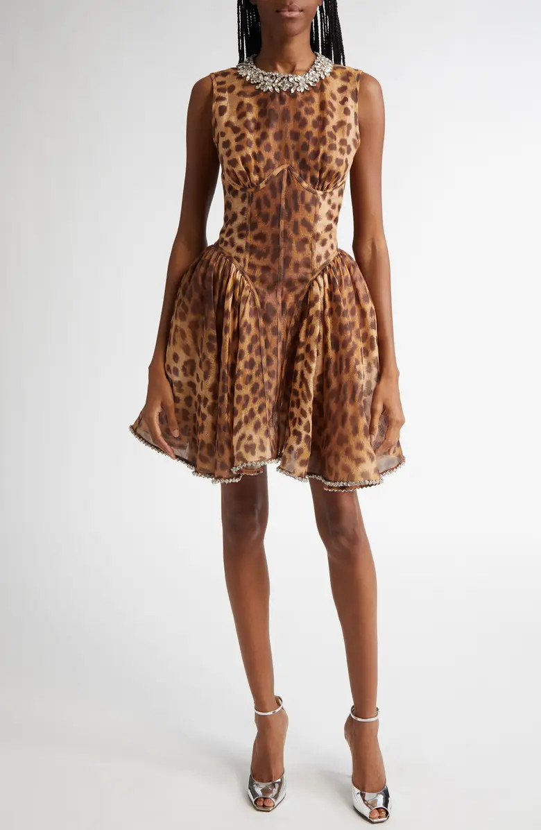 Zimmermann Crystal Embellished Leopard Print Paneled Minidress | Nordstrom | Nordstrom