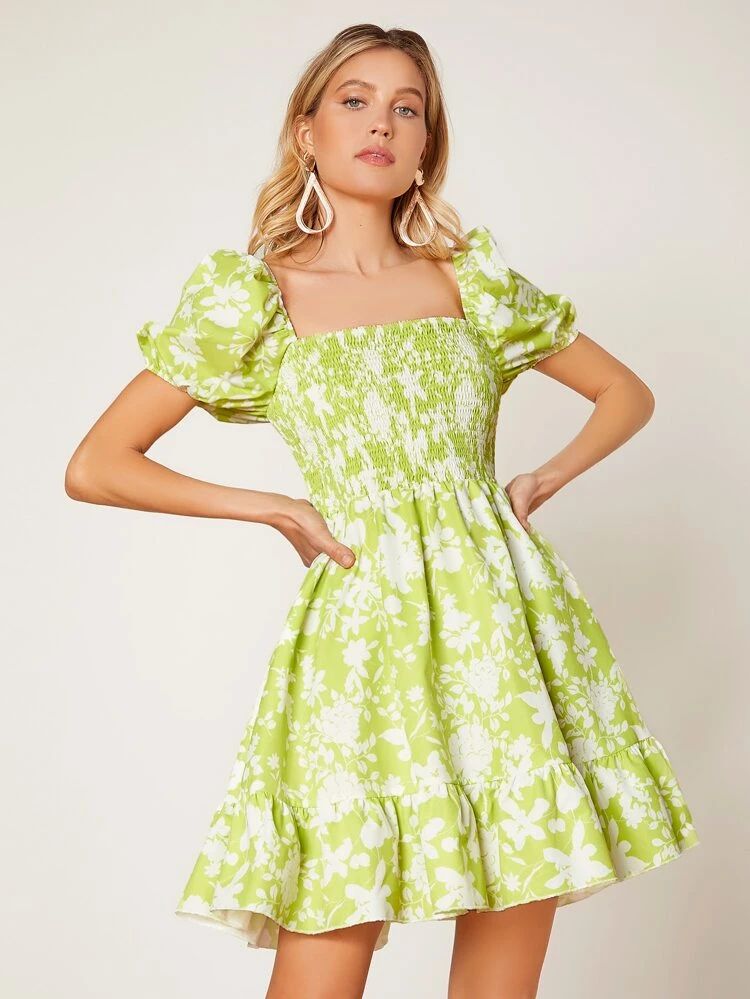 Allover Floral Print Puff Sleeve Frill Trim Dress | SHEIN