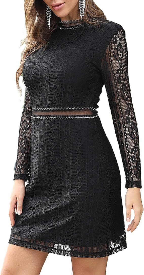 Aphratti Women's Slim Fit Long Sleeve Cocktail Party Mini Lace Dress | Amazon (US)