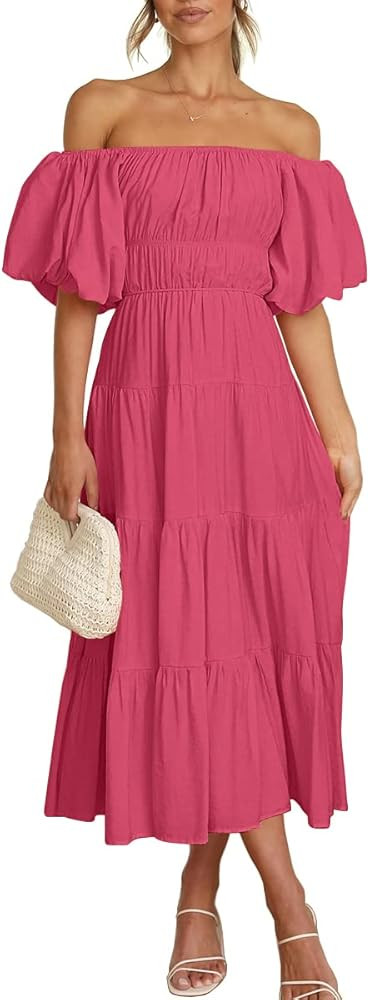 LILLUSORY Off The Shoulder Dresses for Women 2023 Spring Puff Sleeve Summer Flowy Smocked Dress | Amazon (US)