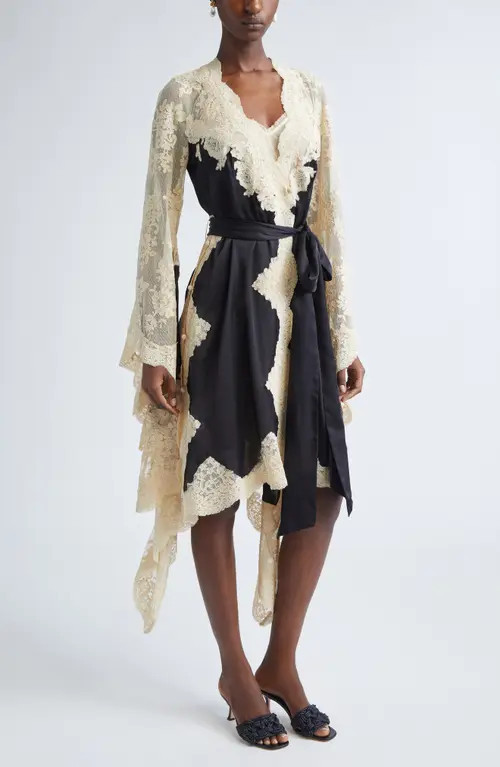 Zimmermann Hypnotic Long Sleeve Satin & Lace Wrap Dress in Beige/Black at Nordstrom, Size 0 | Nordstrom