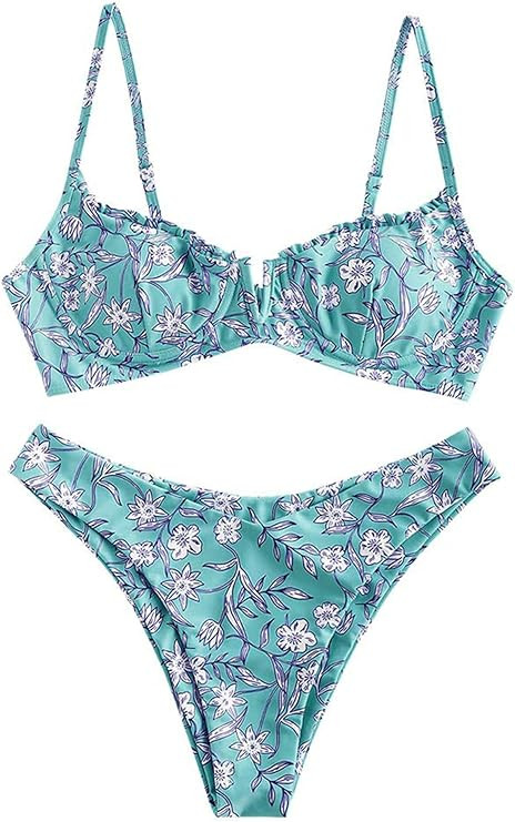 ZAFUL Women's Underwire Bikini Floral High Cut Bikini Set V-Wired Two Piece Swimsuit Bathing Suit | Amazon (US)