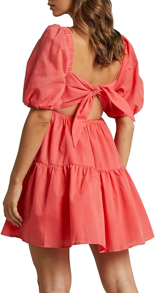 Women's Summer Dress Square Neck Short Sleeve Loose Backless Casual A-Line Party Mini Dresses | Amazon (US)