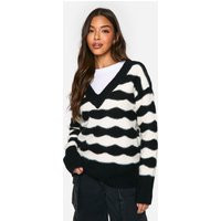 Womens V Neck Stripe Oversized Knitted Jumper - Black & White - S, Black & White | Boohoo.com (UK & IE)