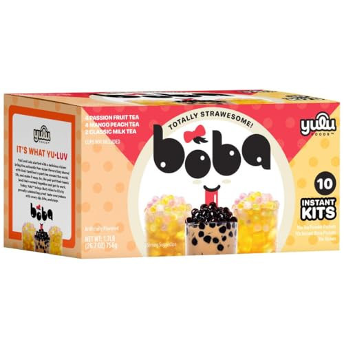 Boba Bundle Kit 10 Serv. Instant Bubble Pearl Variety Milk Tea Kit with Authentic Brown Sugar Tapioca Pearls by Yulu Foods - Ready in Under 1 Minute, Includes Paper Straws - Gift Box, Holiday (Classic, Mango Peach, Passionfruit) | Amazon (US)