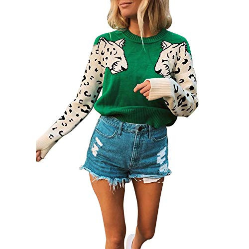 JUNBOON Women’s Casual Leopard Print Knitted Pullover Sweaters Long Sleeve Crew Neck Jumper Tops Green | Amazon (US)