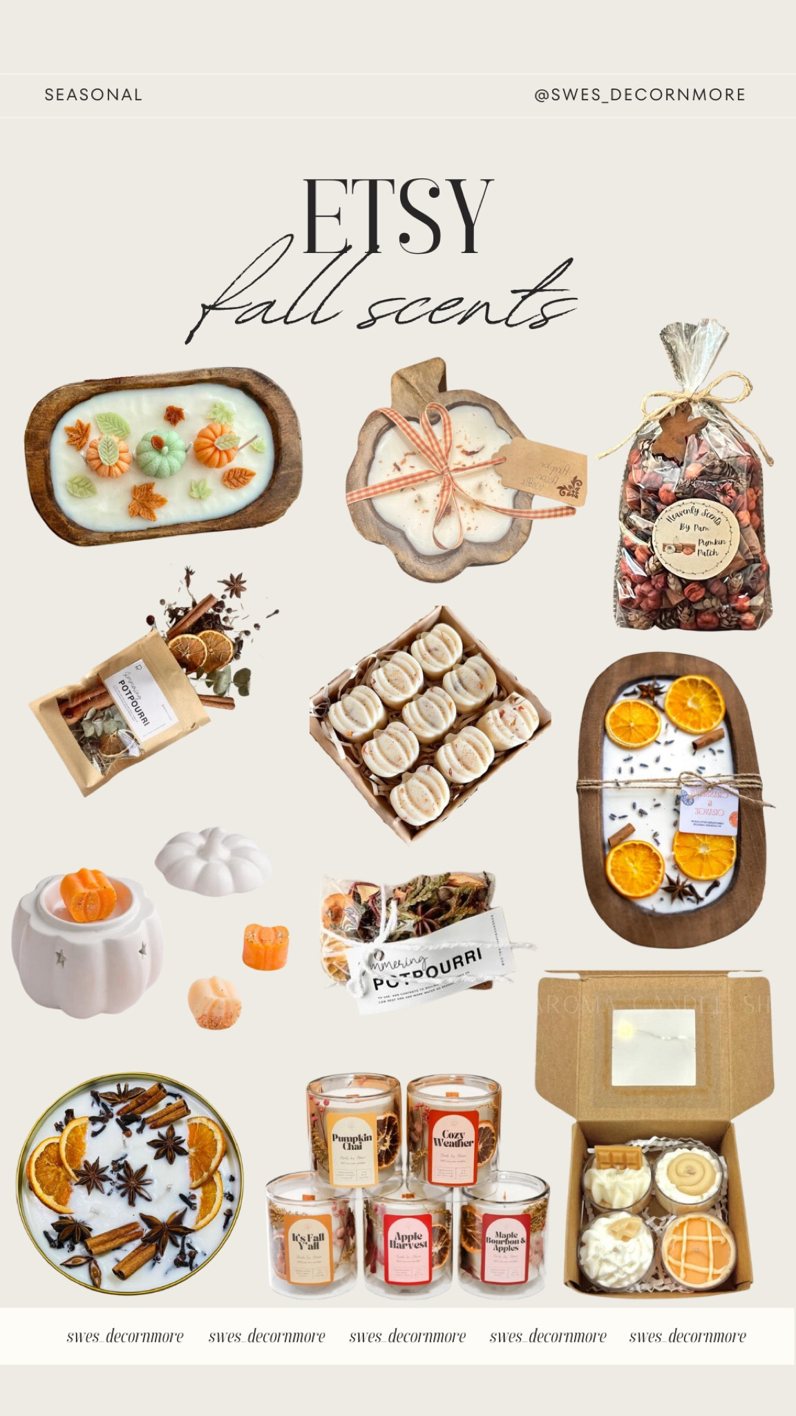 Here is a round up of some really good fall scent items from Etsy! Everything from wax melts and candles to potpourri! Any of these are sure to bring in the smell of fall to your home! 

#LTKSeasonal #LTKHome #LTKStyleTip