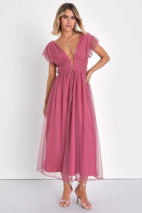 Yours Evermore Mauve Swiss Dot Ruffled Midi Dress | Lulus (US)