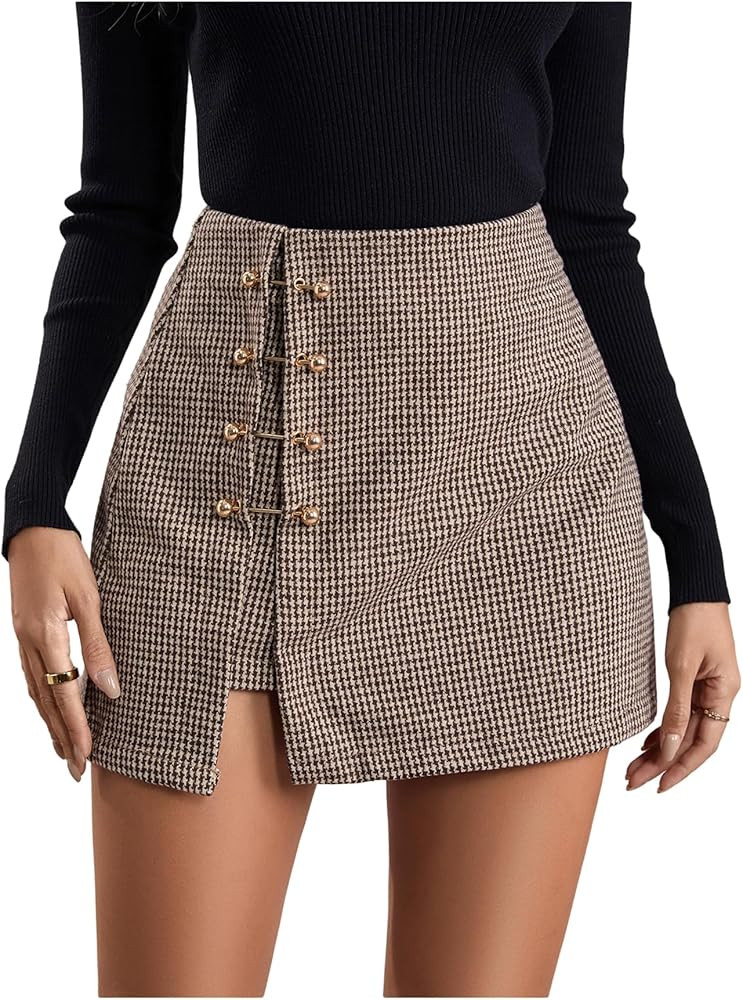 WDIRARA Women's Side Slit Metallic Trim High Waisted Faux Leather Short Skirts | Amazon (US)