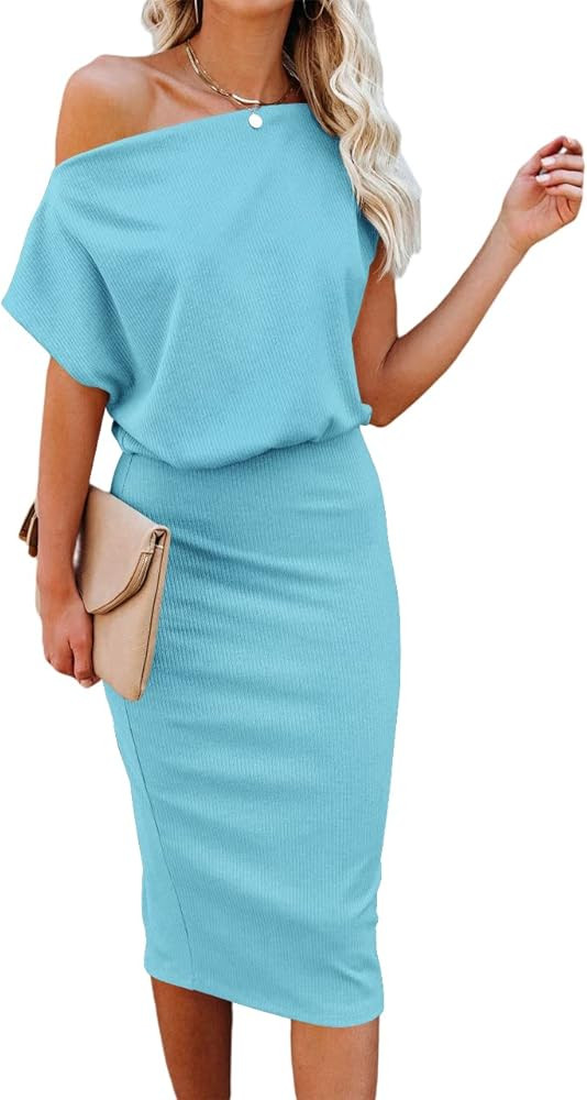 Ezbelle Women's Sexy Off Shoulder Short Sleeve Ribbed Wrap Bodycon Pencil Party Casual Dress Blac... | Amazon (US)